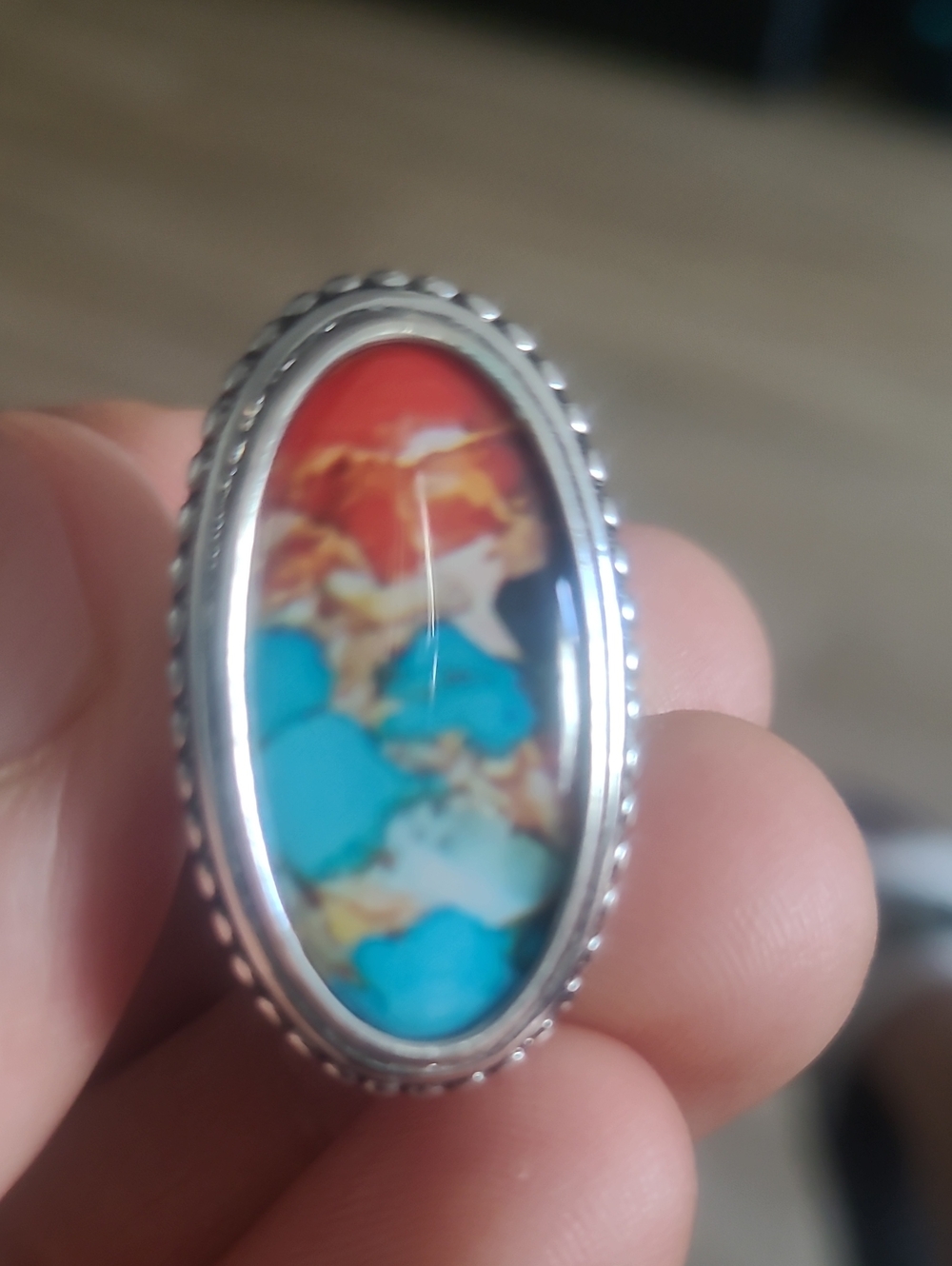 Turquoise and Coral Oval Inlay Statement Ring - Women Jewelry